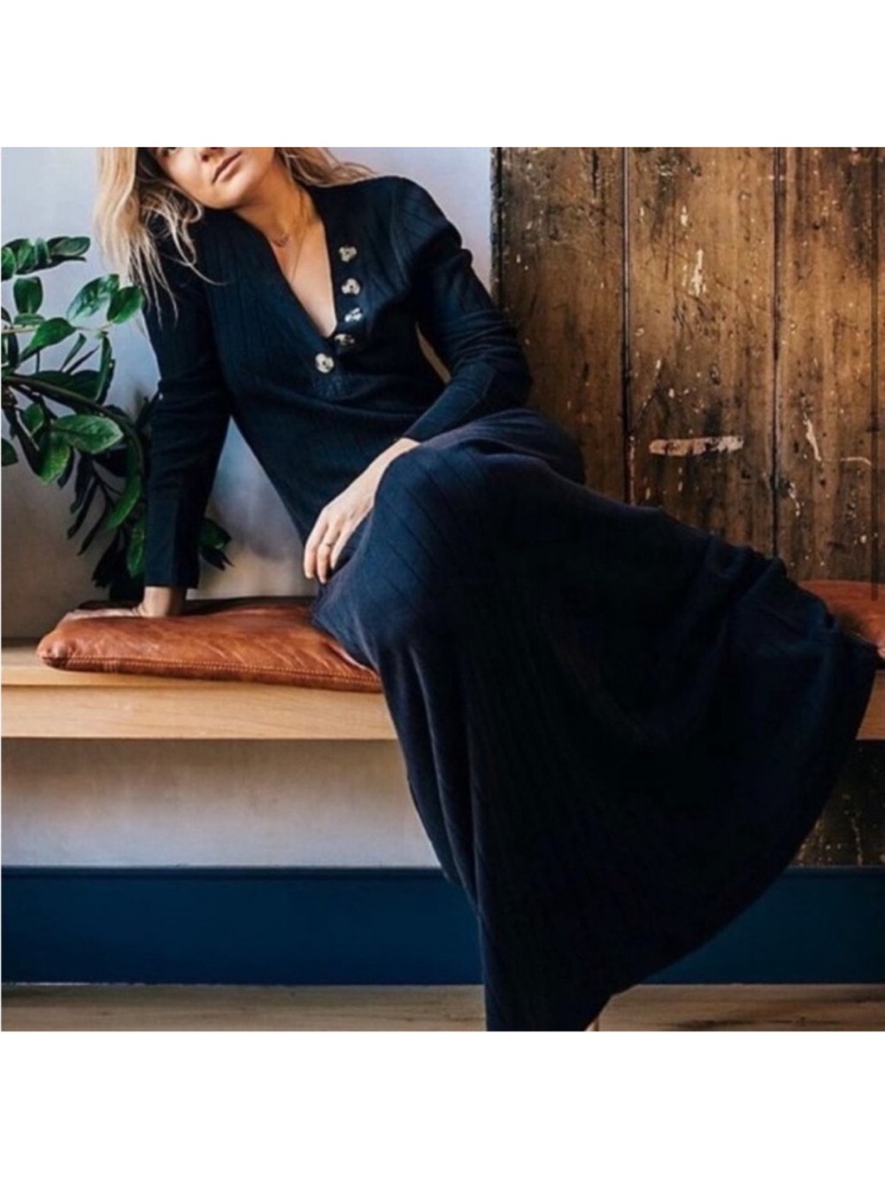 FP Beach Black ‘Sunflower’ Ribbed V-Neck Maxi Dress with Button Detail
